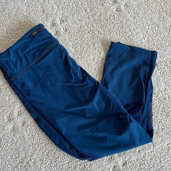 ALALA High Waist Satin Capri Mesh Panels Sheer Royal Blue Crop Leggings - Picture 1 of 8